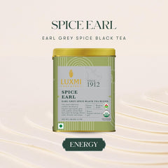 Luxmi Estates Spice Earl Grey Black Tea Blend - 100gm Tin, 3.5 Ounce | USDA Certified Organic Tea - Caffeinated Herbal Tea | Made With Cinnamon, Cardamom, Cloves, Black Pepper