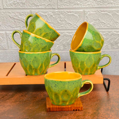 Hand Crafted Ceramic Coffee Mugs Set Of 6 - 200ml Each, Green & Yellow | Chai Cups - Coffee Mug Set - Tea Cup Set