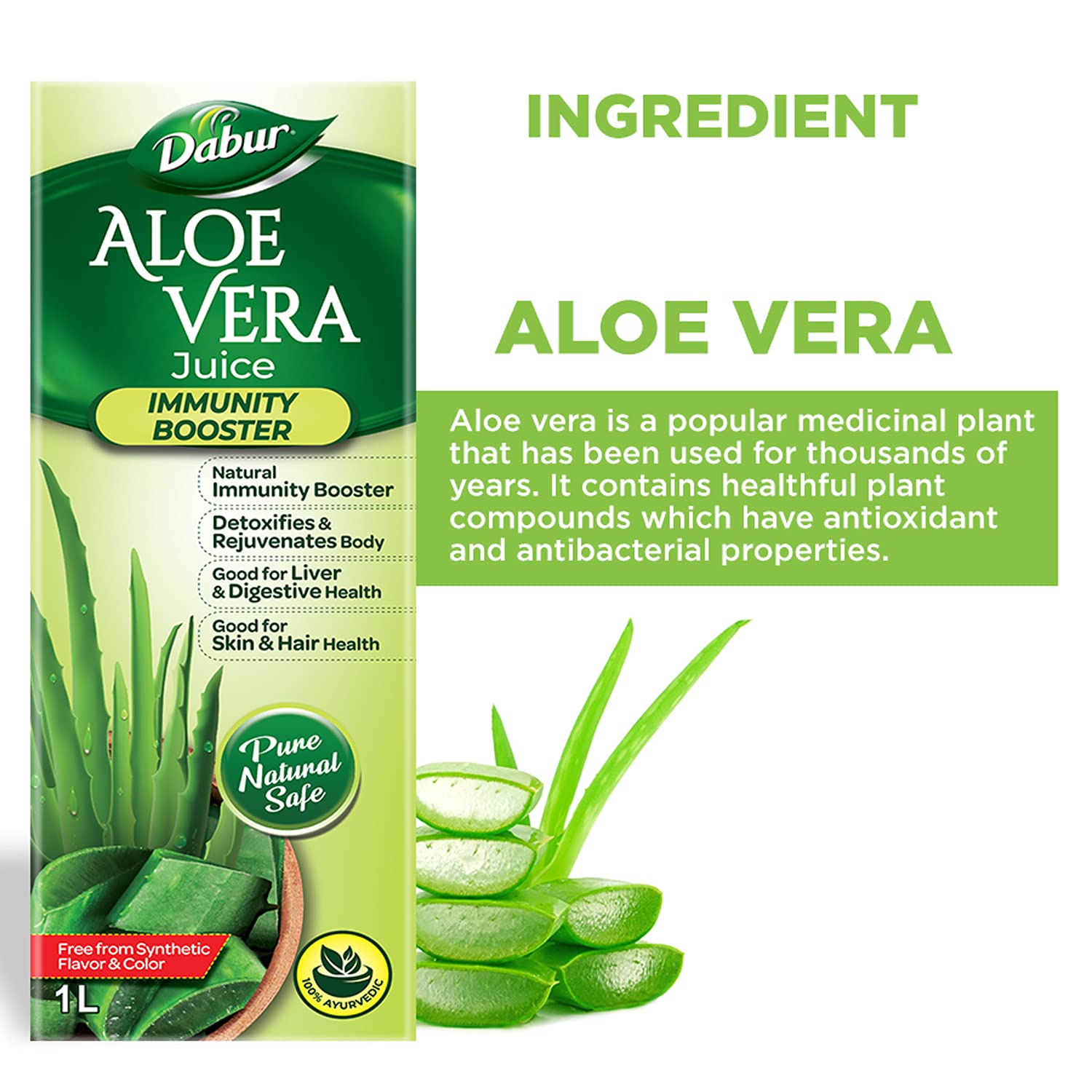 Dabur Aloe Vera Juice Ayurvedic Health Juice For Good Skin & Hair Health | Detoxifies & Rejuvenates Skin, Body, Digestive Health & Immunity Booster, 1L 2.2lbs