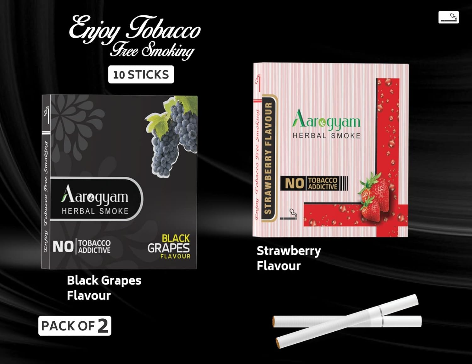 Aarogyam Herbals Pack Of 2 Flavours 100% Tobacco & Nicotine Free Cigarette For Relieve Stress & Mood Enhance Product Strawberry, Black Grapes - 10 Sticks X 2 Packets