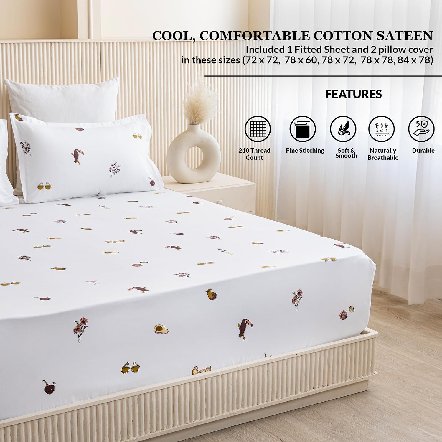 Printed Queen Size Elastic Fitted Bedsheet With 2 Pillow Covers - 71 X 77 Inches, White | Perfect For Home Decor & Gifting