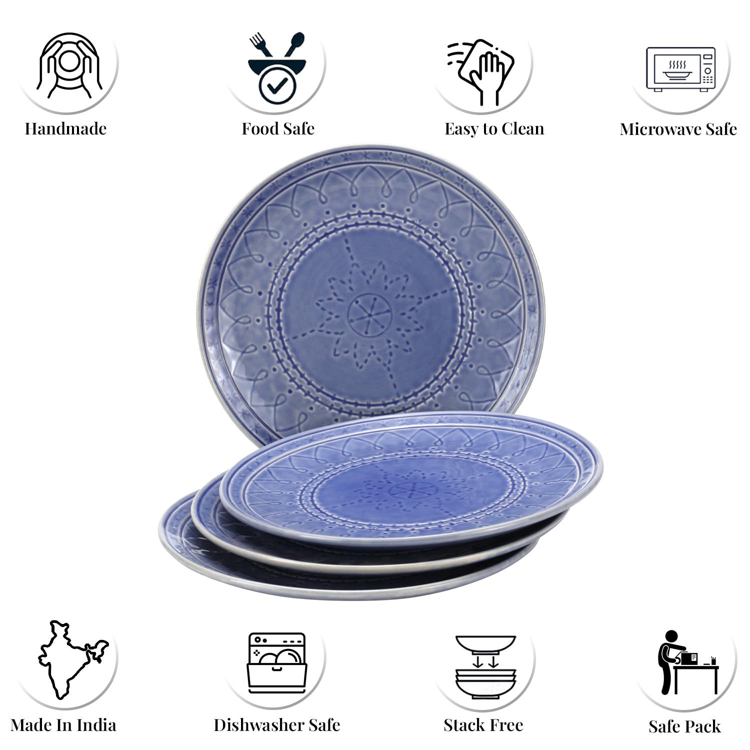 Ceramic Hand Glazed Stoneware Embossed Large Dinner Plates Set Of 4 - 10.6 Inch, Mist Blue | Microwave Safe & Dishwasher Safe - Full Plate Set