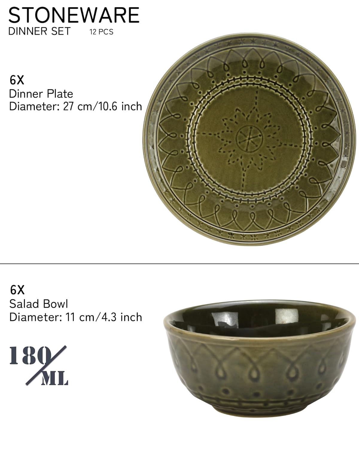 Handcrafted Stoneware Embossed Dinner Set Of 6 - Ceramic Pack Of 12 Pcs, Moss Green | 4 Dinner Plates + 4 Bowl Or Katori, 180ml Each - Microwave & Dishwasher Safe | Serving For 6