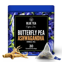 Blue Tea Butterfly Pea Flower Ashwagandha Herbal Tea - 30 Pyramid Tea Bags | Promotes Relaxation & Manage Stress - Caffeine Free, Non-GMO