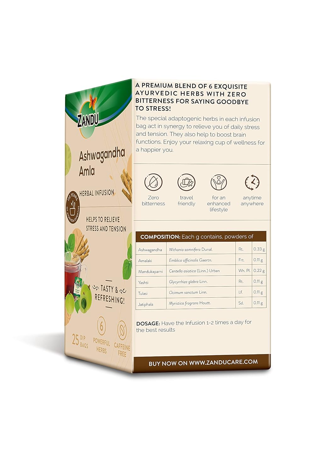 Zandu Ashwagandha Amla Herbal Infusion Tea - 25 Tea Bags | Enriched With 6 Ayurvedic Ingredients - Relieves Stress & Tension | Enhances Immunity - Caffeine Free, Non GMO