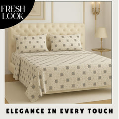 Microfiber King Size 1 Fitted Bedsheet + 1 Flat Top Sheet + 2 Pillow Covers | 78 X 72 Inches, Beige & Grey - Ideal For House, Bedroom, Hotel, Guest Room