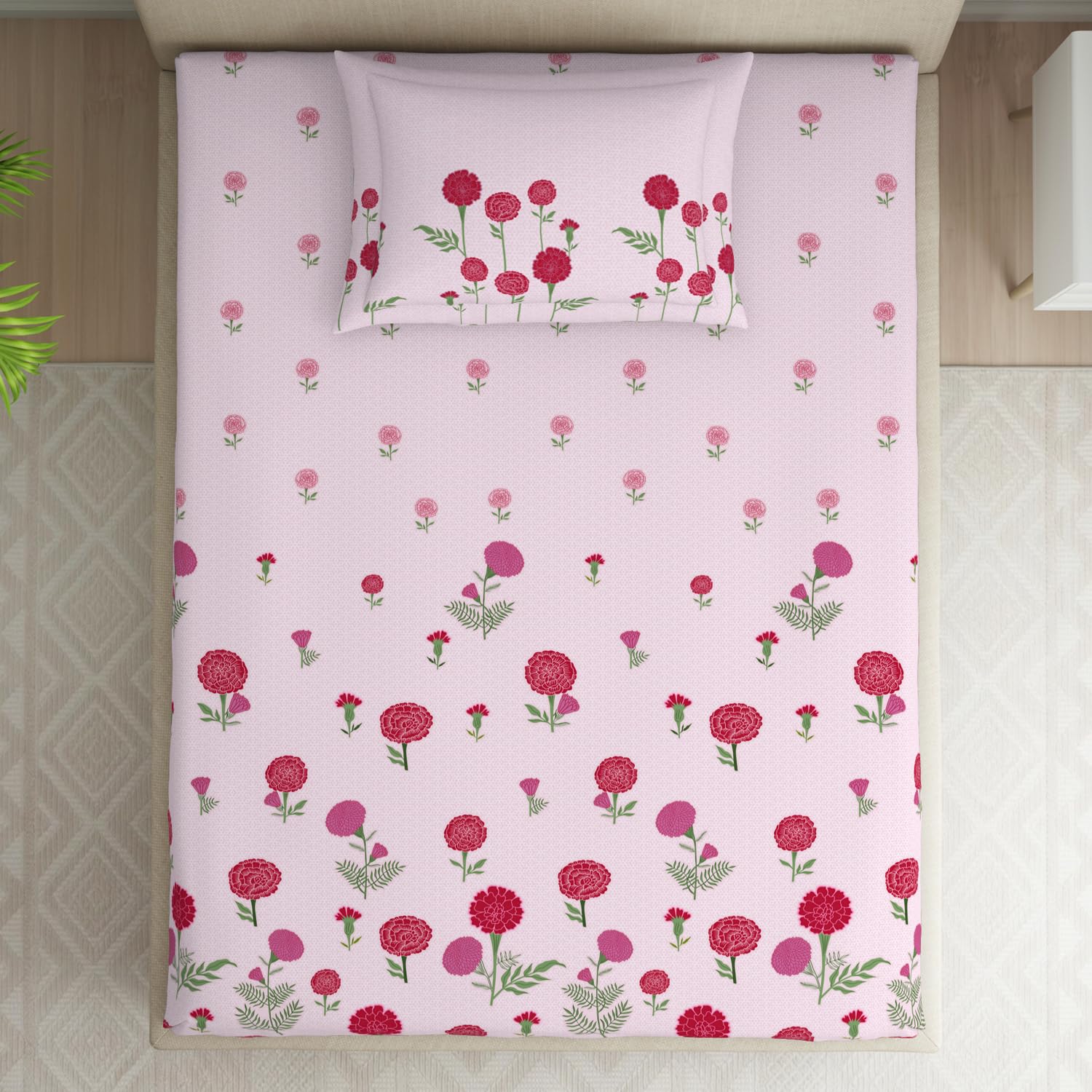 Single Bedsheet With 2 Pillow Covers (Size 60 X 88 Inches) Light Pink | 144 Thread Count Lightweight, Soft, Skin Friendly - Everyday Use Cotton Bedsheet