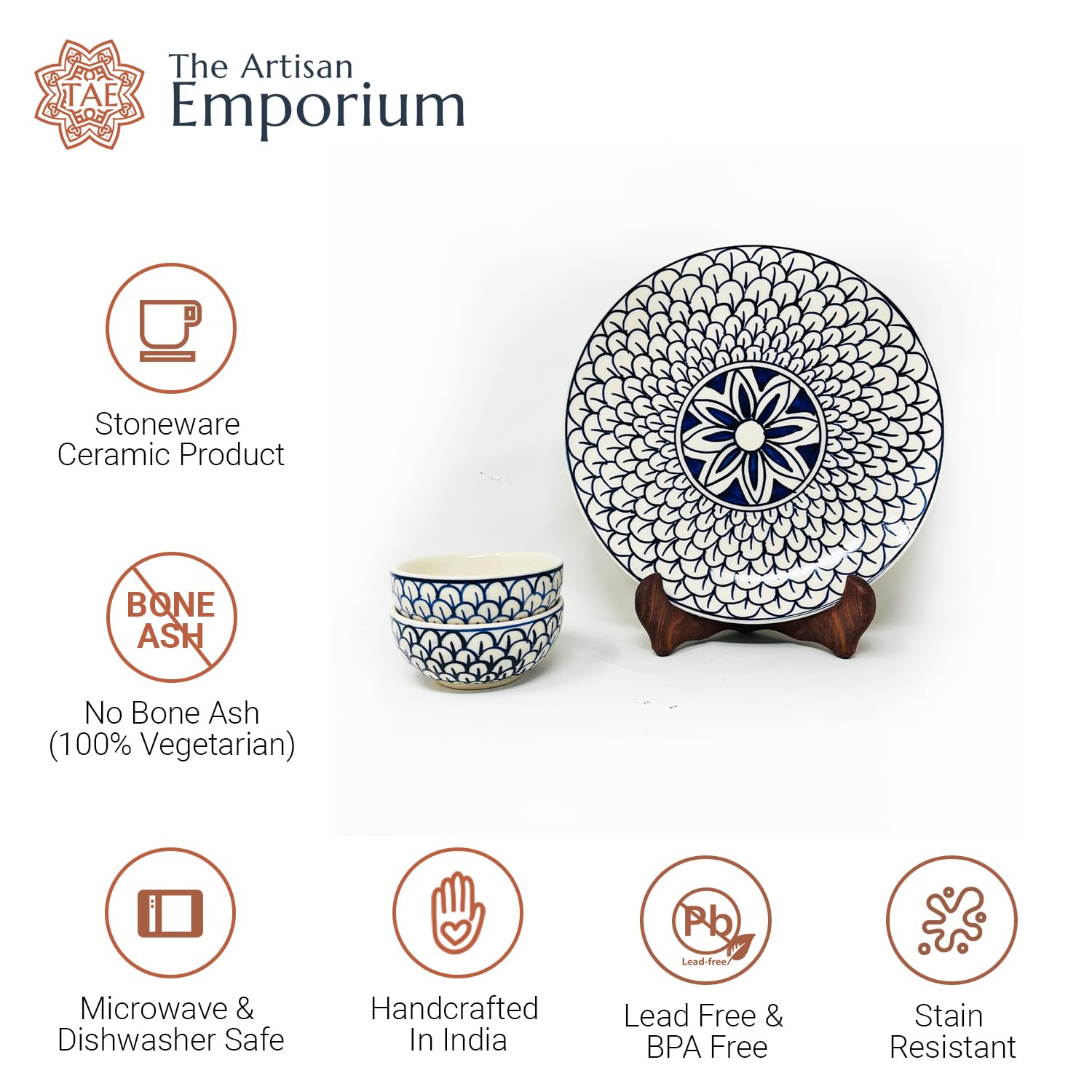 Mermaid Tales Hand Painted Ceramic Dinner Set - 12 Piece, White & Indigo | 6 Dinner Plates + 6 Katori Serving Bowls, 180ml Each | Serving For 6, Microwave Safe & Dishwasher Safe