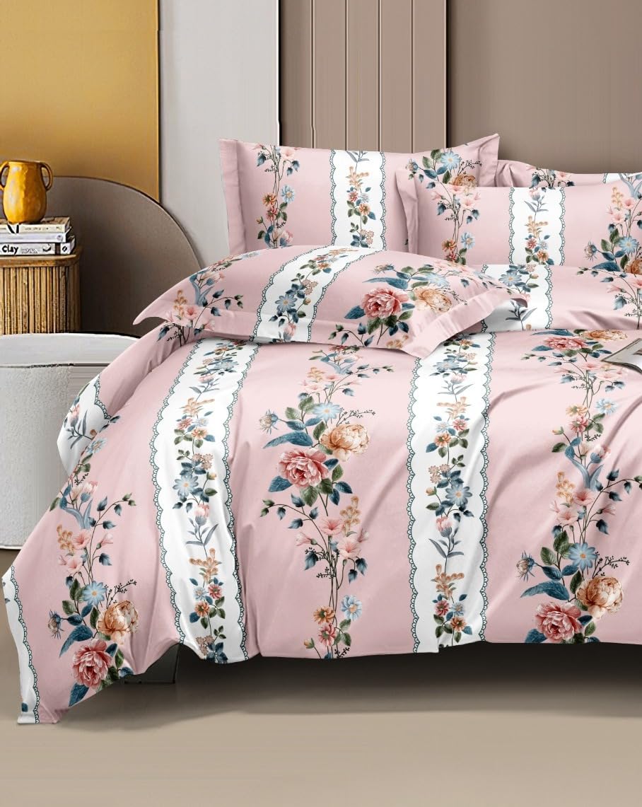 Queen Size Printed Double Bedsheet With 2 Pillow Covers For Home | 90 X 100 Inches, Pink & White - Beautiful Bedsheet Set | Perfect For Gifting Wedding, Anniversary