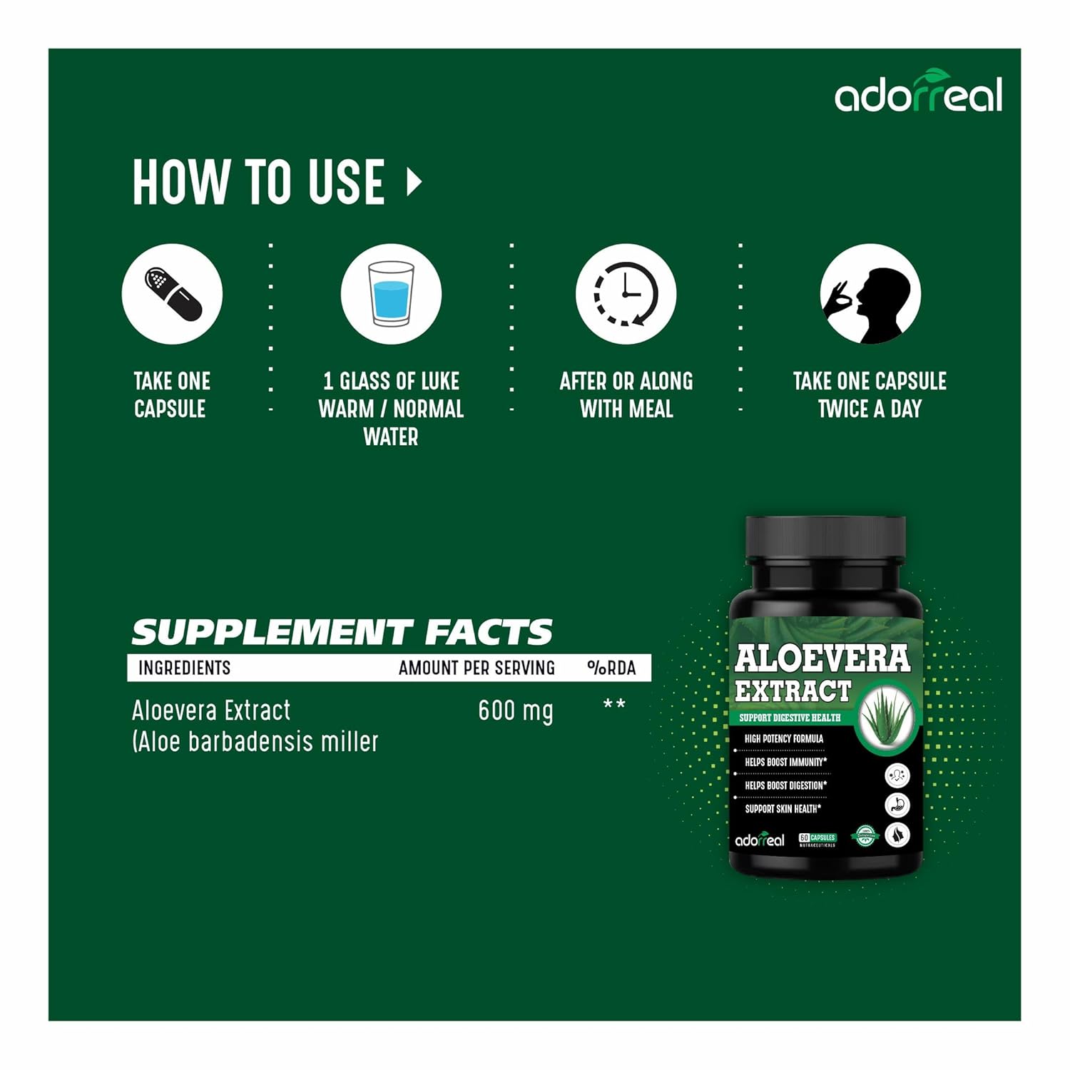 Adorreal Aloevera Extract Capsules, Weight Management, Boosts Digestion, Skin Health Support, Antioxidant Properties, Immunity Booster | 60 Capsules, 100gm 0.2lbs