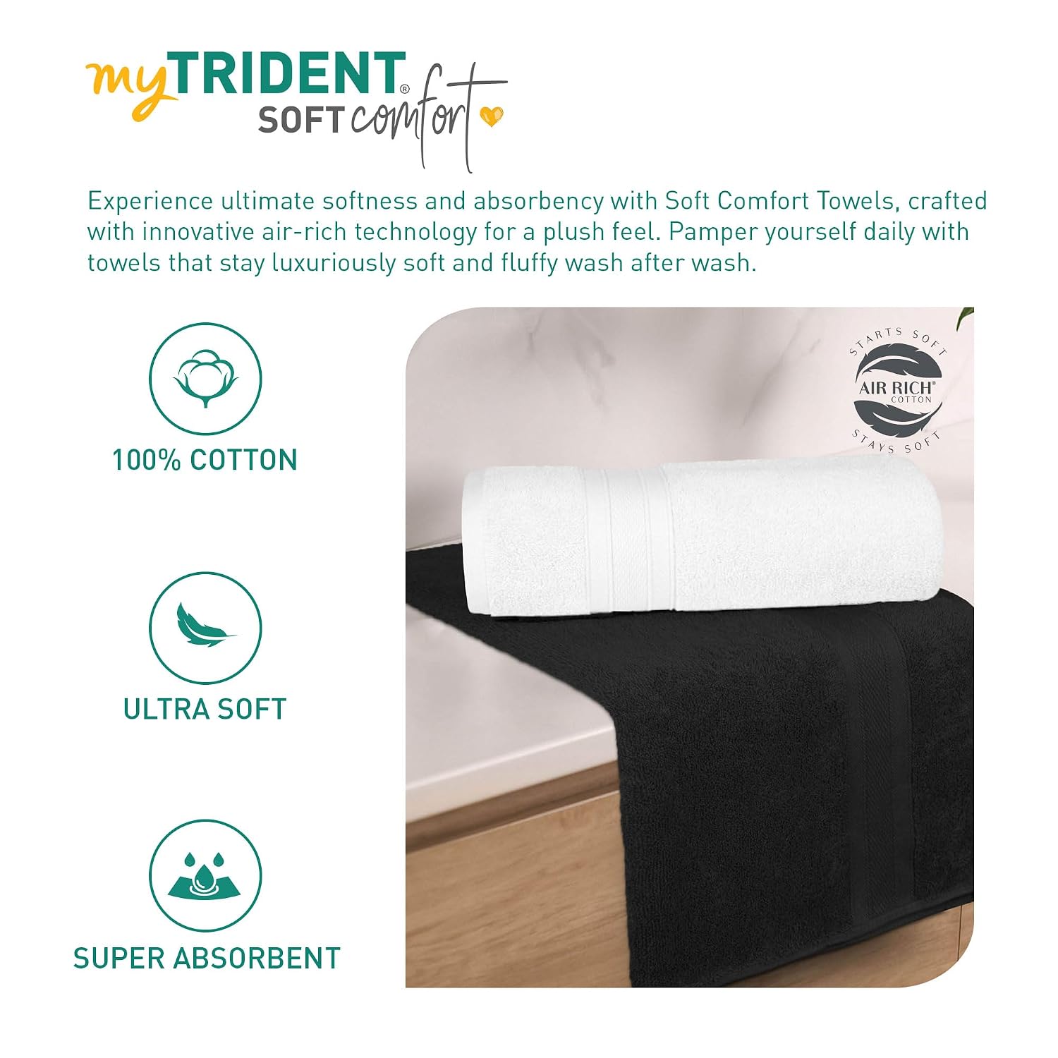 Mytrident Soft Comfort Air Rich 100% Cotton Bath Towel 1000 Gsm | Highly Absorbent Towels For Men & Women Bath Towel (Black & White) - 2 Pcs
