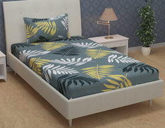 Glace Cotton Single Bedsheet Elastic Fitted With 2 Pillow Cover - 48x78x8 Inches, Grey & Black | Soft Touch To Skin | Perfect Ideal For House, Hotel, Guest House Bedsheet
