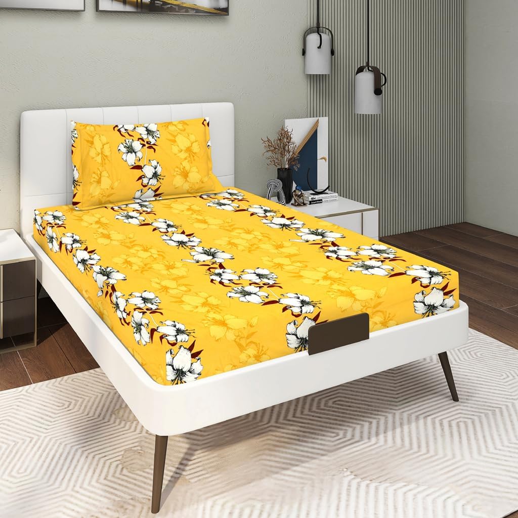Glace Cotton Super Soft Bedsheets Single Bed Size (60 X 90 Inch) With 1 Pillow Cover | All Around Elastic Fitted Bedsheets, Yellow & White