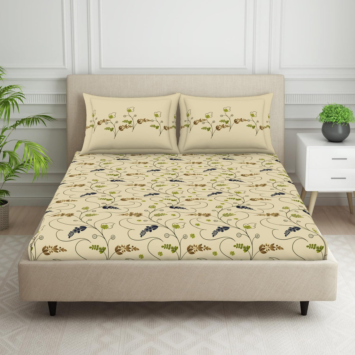 Double Bedsheet With 2 Pillow Covers (Size 88 X 100 Inch) Beige | Breathable Pure Cotton Queen Size Bedsheet | Floral Design Bedsheet