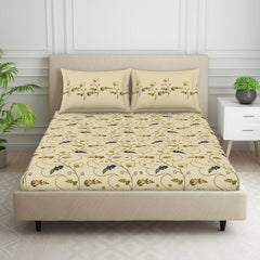 Double Bedsheet With 2 Pillow Covers (Size 88 X 100 Inch) Beige | Breathable Pure Cotton Queen Size Bedsheet | Floral Design Bedsheet