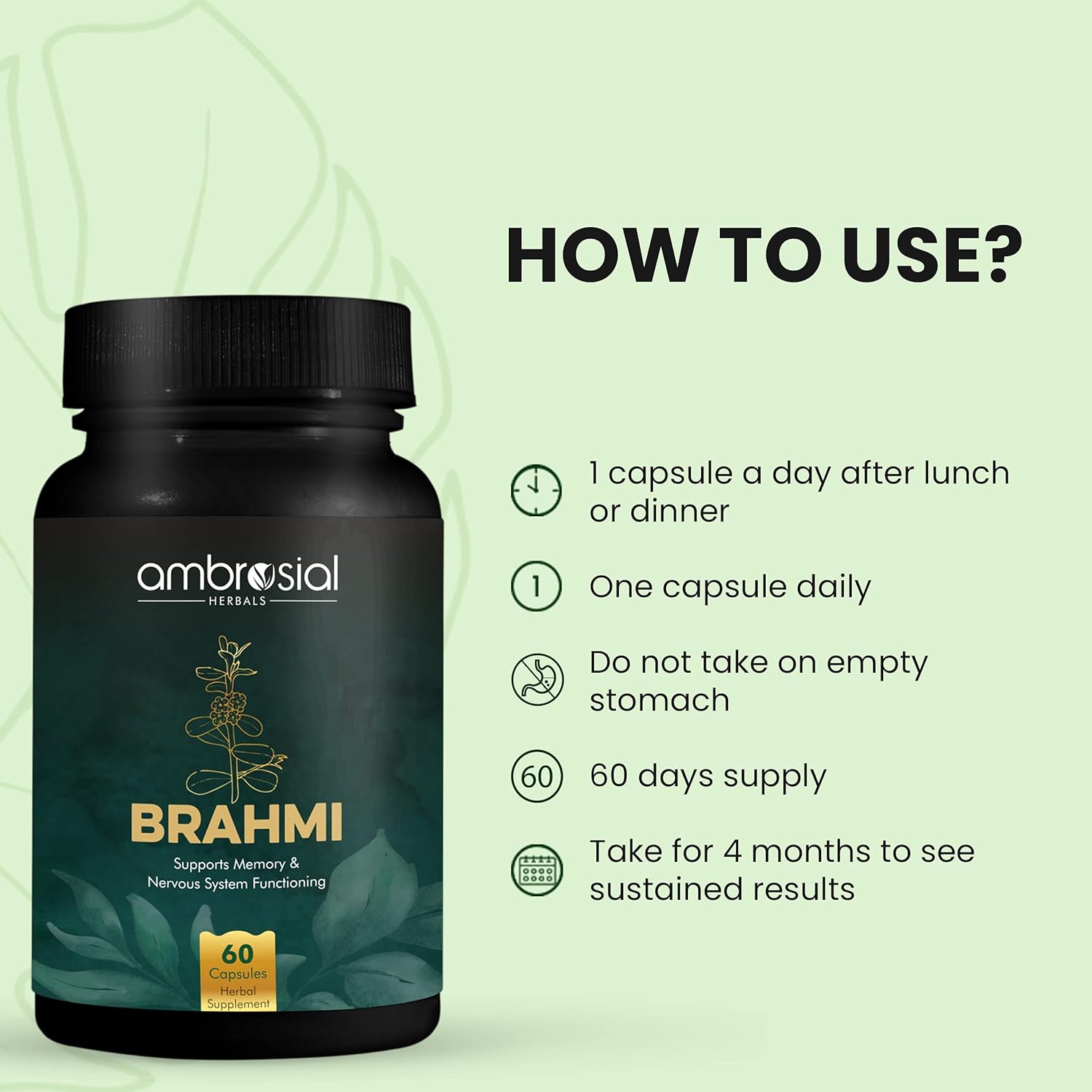 Ambrosial Brahmi Capsules 500mg Bacopa Monnieri, High Strength Brain Nootropics Supplements To Focus, Mental Performance & Energy | 60 Capsules 100gm 0.2lbs Each Pack Of 2