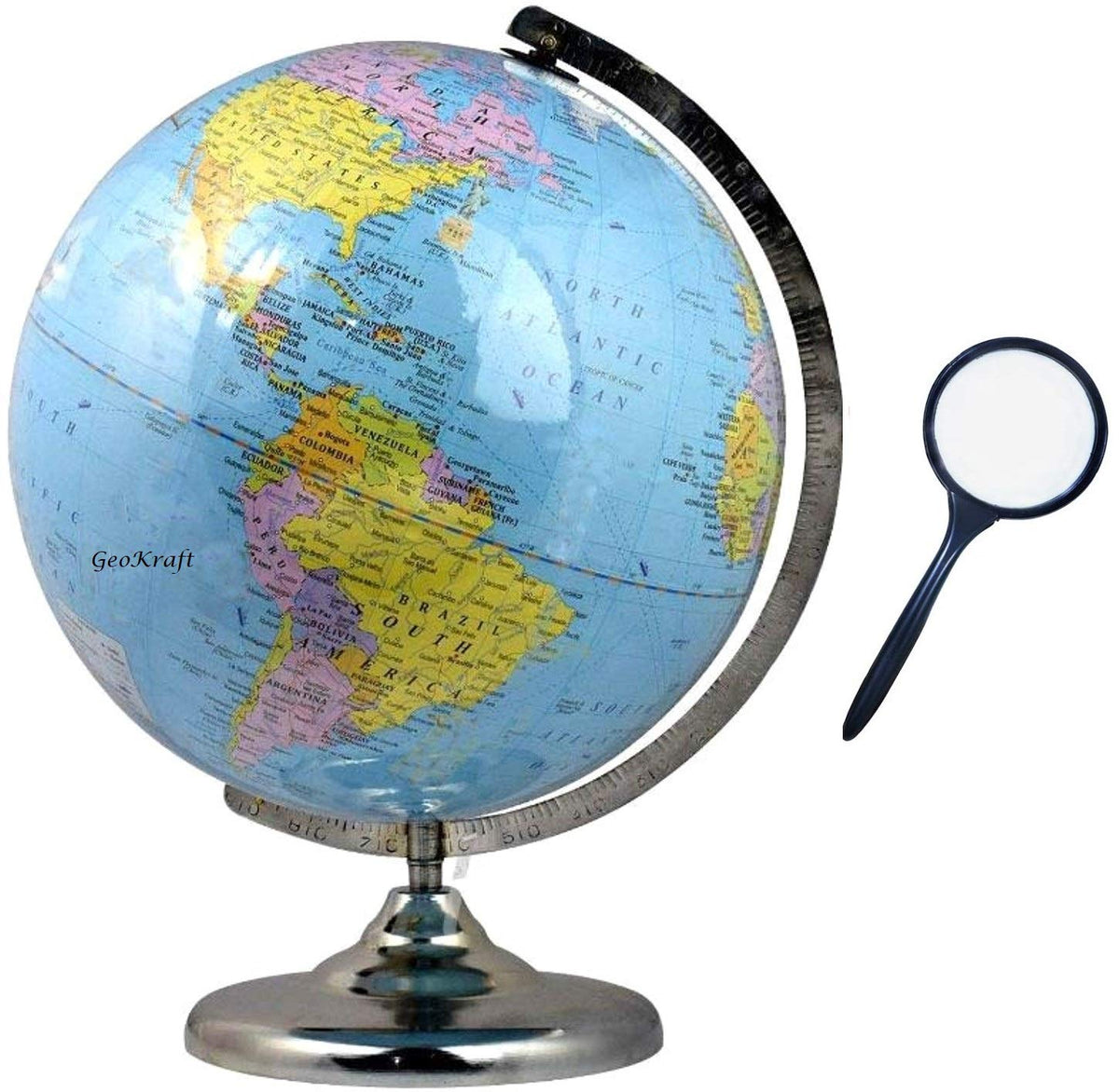 Educational 12 Inch Political Metal Base Stem Globe With Magnifying Glass For Kids & Students Learning (Blue) Political Globe, Pack Of 1
