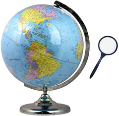 Educational 12 Inch Political Metal Base Stem Globe With Magnifying Glass For Kids & Students Learning (Blue) Political Globe, Pack Of 1