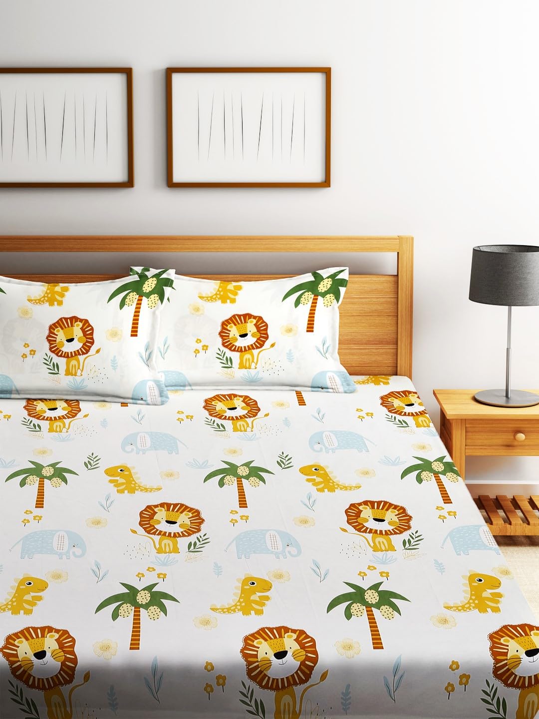 Microfiber Kids Lions Elastic Fitted Double Bedsheet With 2 Pillow Covers | 78 X 72 Inches, Orange | Normal Hand Wash Or Machine Wash
