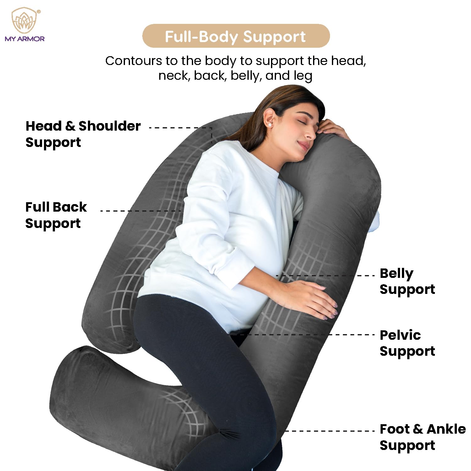 Full Body J Shape Pregnancy Pillow For Women, Maternity Pillow, Dark Grey | Pillow Gift For Pregnancy Sleeping, Premium Velvet Cover With Zip | Adjustable & Washable, Multipurpose Pillow