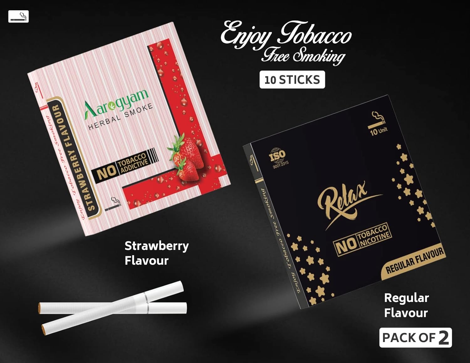 Aarogyam Herbals Pack Of 2 Flavours 100% Tobacco & Nicotine Free Cigarette For Relieve Stress & Mood Enhance Product Relax Regular, Strawberry - 10 Sticks X 2 Packets