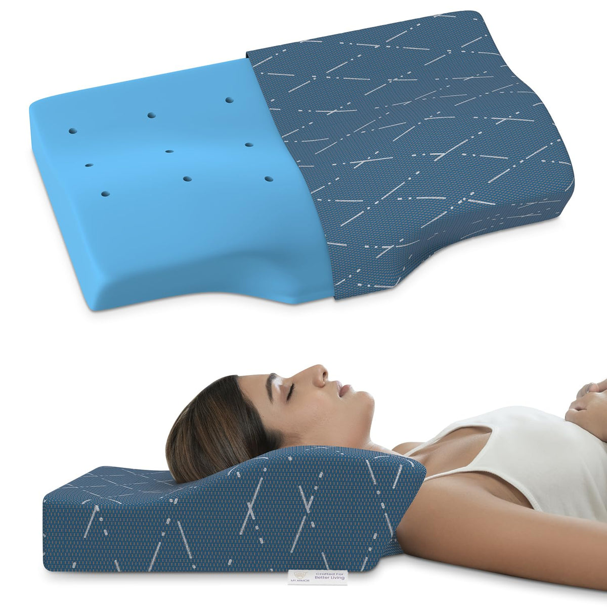 Cool Gel Cervical Pillow For Neck Pain & Shoulder Pain Relief | Orthopedic Memory Foam Contour Pillow, Dual Height Options, With Washable Blue Checks Cover, Breathable - Pack Of 1