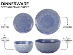 Handcrafted Stoneware Ceramic Dinner Set Of 14 Pcs With Serving Bowl Set - Mist Blue | 4 Dinner Plates+ 4 Small Plates+ 4 Small Bowls, 180ml Each+ 2 Serving Bowls, 1000ml Each | Dishwasher Safe