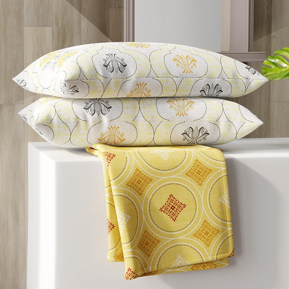 100% Cotton Double Bedsheet With 2 Pillow Covers Size - 87 X 95 Inches, Yellow | 125 Thread Count Lightweight & Durable - Gift For Housewarmings, Weddings, Birthdays