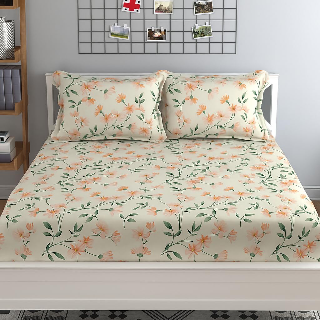Bedsheet For Queen Size Bed With 2 Pillow Covers - 90 X 100 Inches, Cream & Green | Soft, Breathable, Wrinkle Free & Fade Resistant