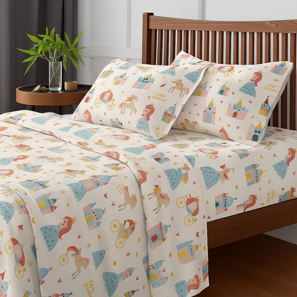Little Princess Design Single Bedsheet With 2 Pillow Covers - Fun & Colorful Sheet Set For Girls & Kids Room | Size - 60 X 90 Inches, White