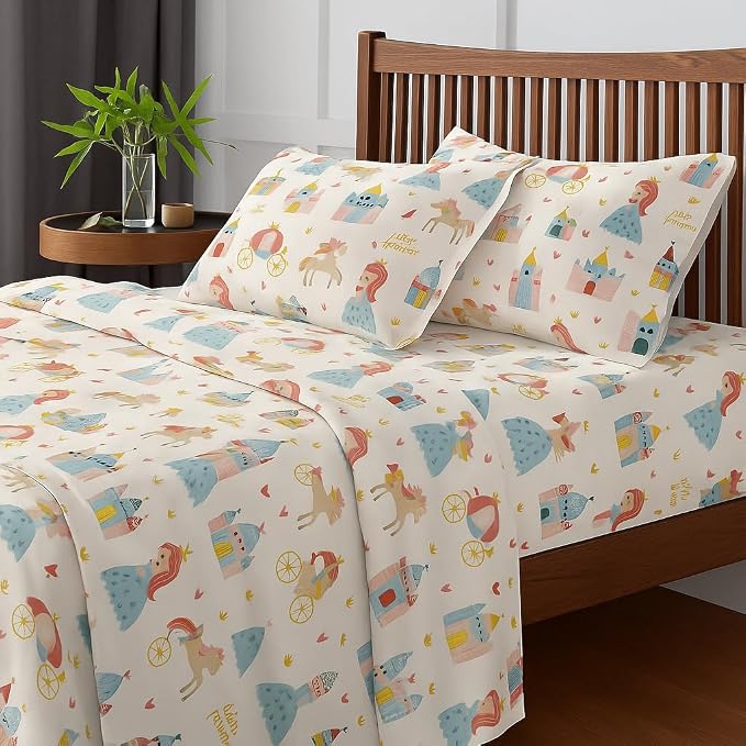Kids Bedsheet King Bed With 2 Pillow Covers Little Princess Design - 108x108 Inches, White | Fun & Colorful Bed Sheet Set - For Girls & Kids Room