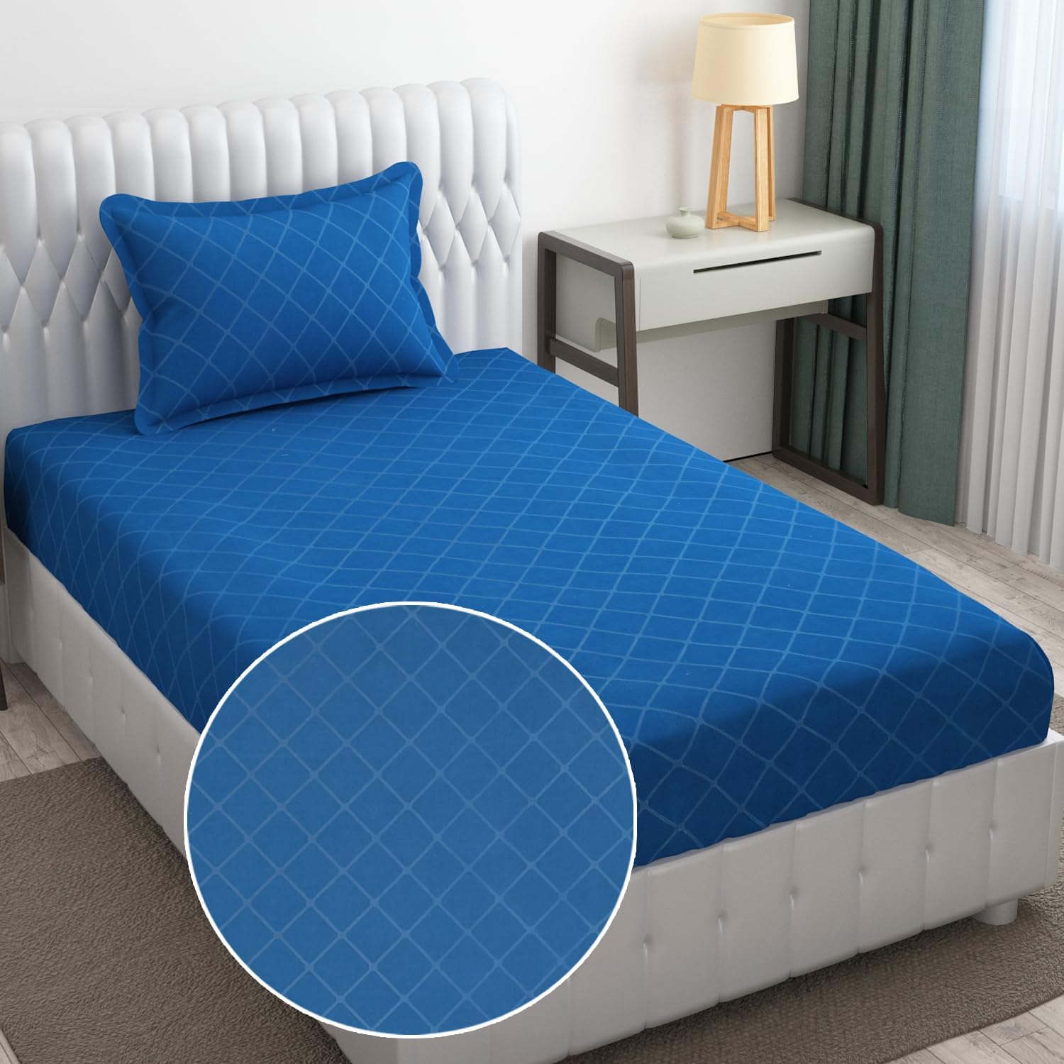 Check Single Bedsheet With 1 Pillow Cover 90 X 60 Inches, Blue | Comfortable & Durable | Elegant Printed Bedding Set For Daily Use