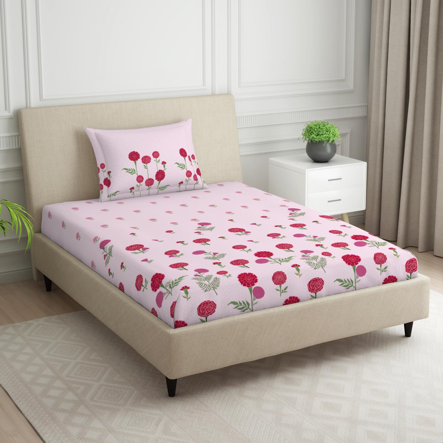 Single Bedsheet With 2 Pillow Covers (Size 60 X 88 Inches) Light Pink | 144 Thread Count Lightweight, Soft, Skin Friendly - Everyday Use Cotton Bedsheet