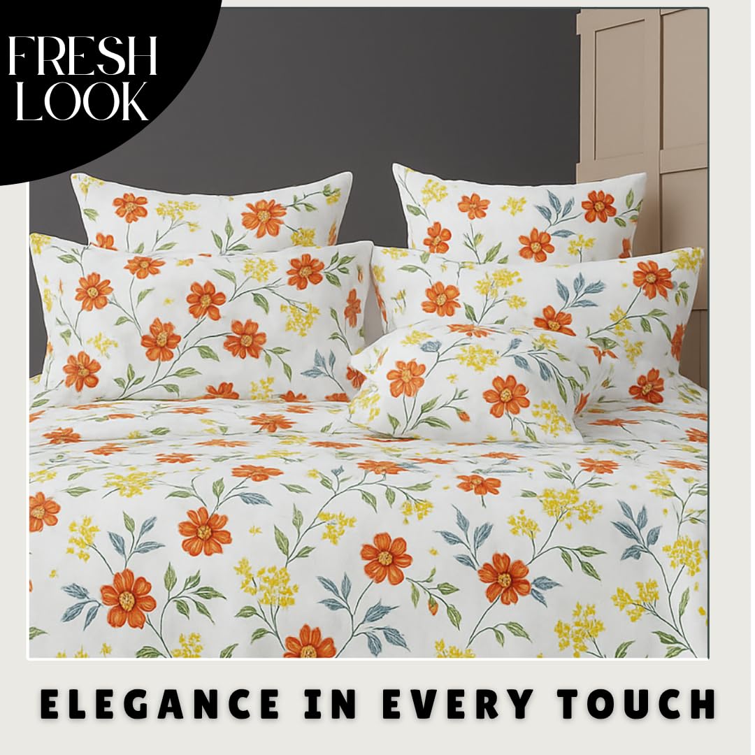 Microfiber Double Bedsheet King Size With 2 Large Size Pillow Covers | Size 108x108+9 Inches, White & Orange | Perfect For Daily Use, All-Season Use Or Gifting Bedsheet
