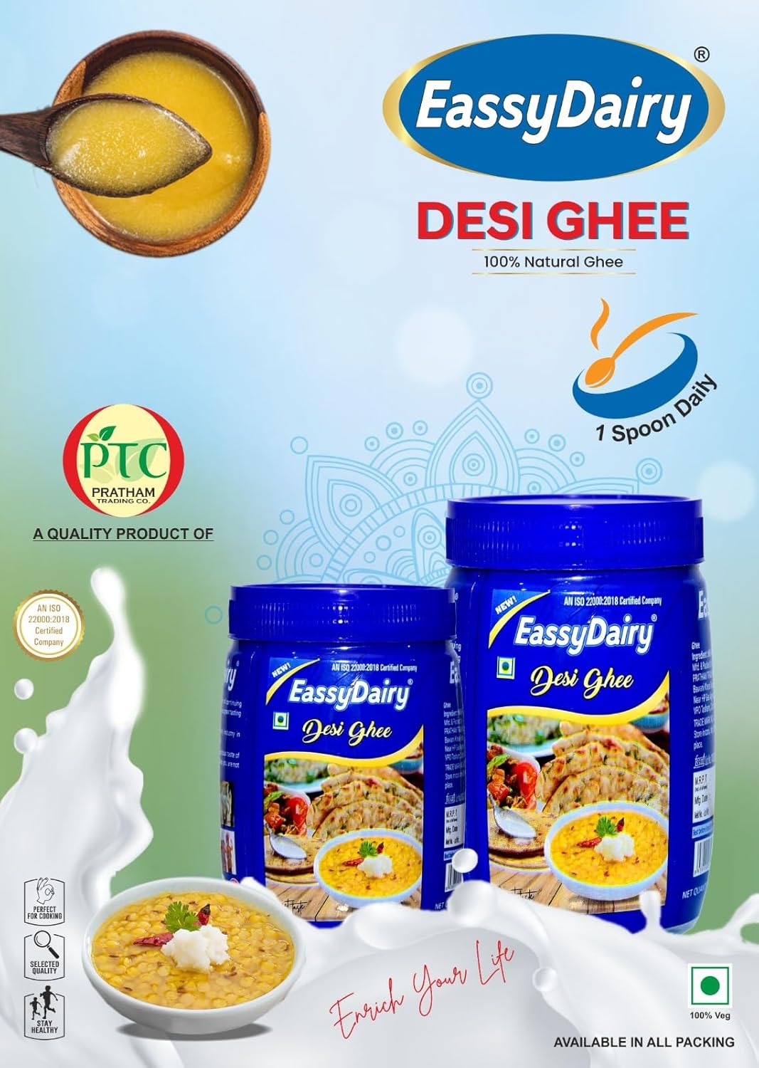 100% Pure Desi Ghee By EassyDairy | Naturally Rich Taste & Aroma Desi Pure Ghee Perfect For Frying | (1 Litr) 33.8 Ounce | Jar Pack