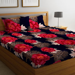 Floral Printed King Size Bedsheet With 2 Matching Pillow Covers - 90 X 90 Inches, Dark Blue & Red | Durable & Long-Lasting | Naturally Soft, Breathable, & Skin-Friendly
