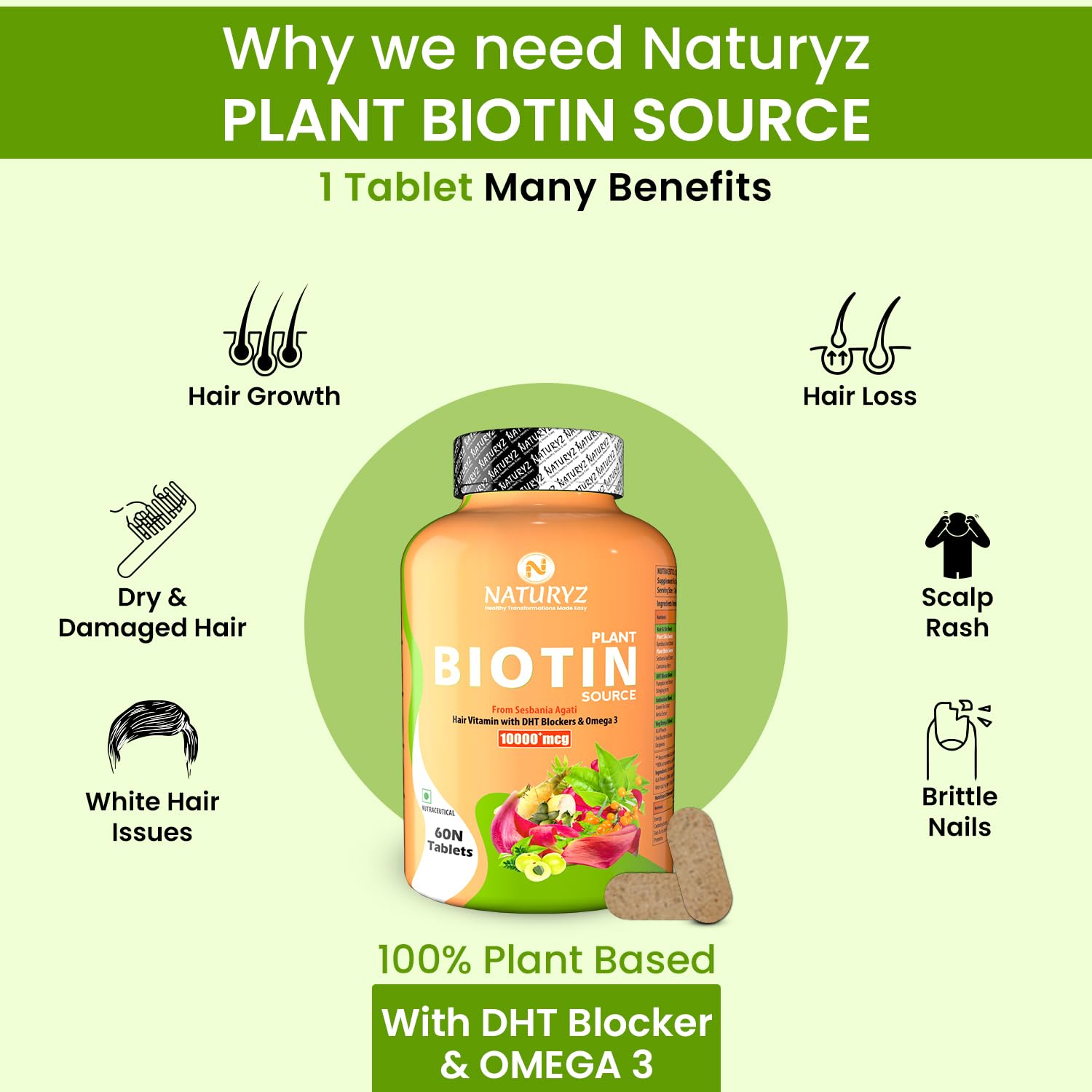 Naturyz 100% Plant Based Biotin Tablets With High Protein Vitamin Dht Omega 3 For Strong Hairs, Nails Growth & Glowing Skin | 60 Tablets , 100gm 0.2lbs