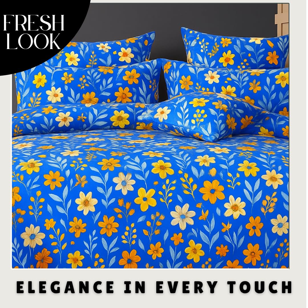 Microfiber Double Bedsheet King Size With 2 Large Size Pillow Covers | Size 108x108+9 Inches, Blue & Rust | Perfect For Daily Use, All-Season Use Or Gifting Bedsheet