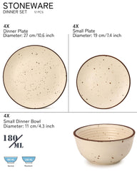 Handcrafted Ceramic Stoneware Dinner Set - Pack Of 12, Beige | 4 Dinner Plates, 10.6 Inch Each + 4 Small Plates, 7.4 Inch Each+ 4 Small Dinner Bowl, 180ml Each - Microwave & Dishwasher Safe