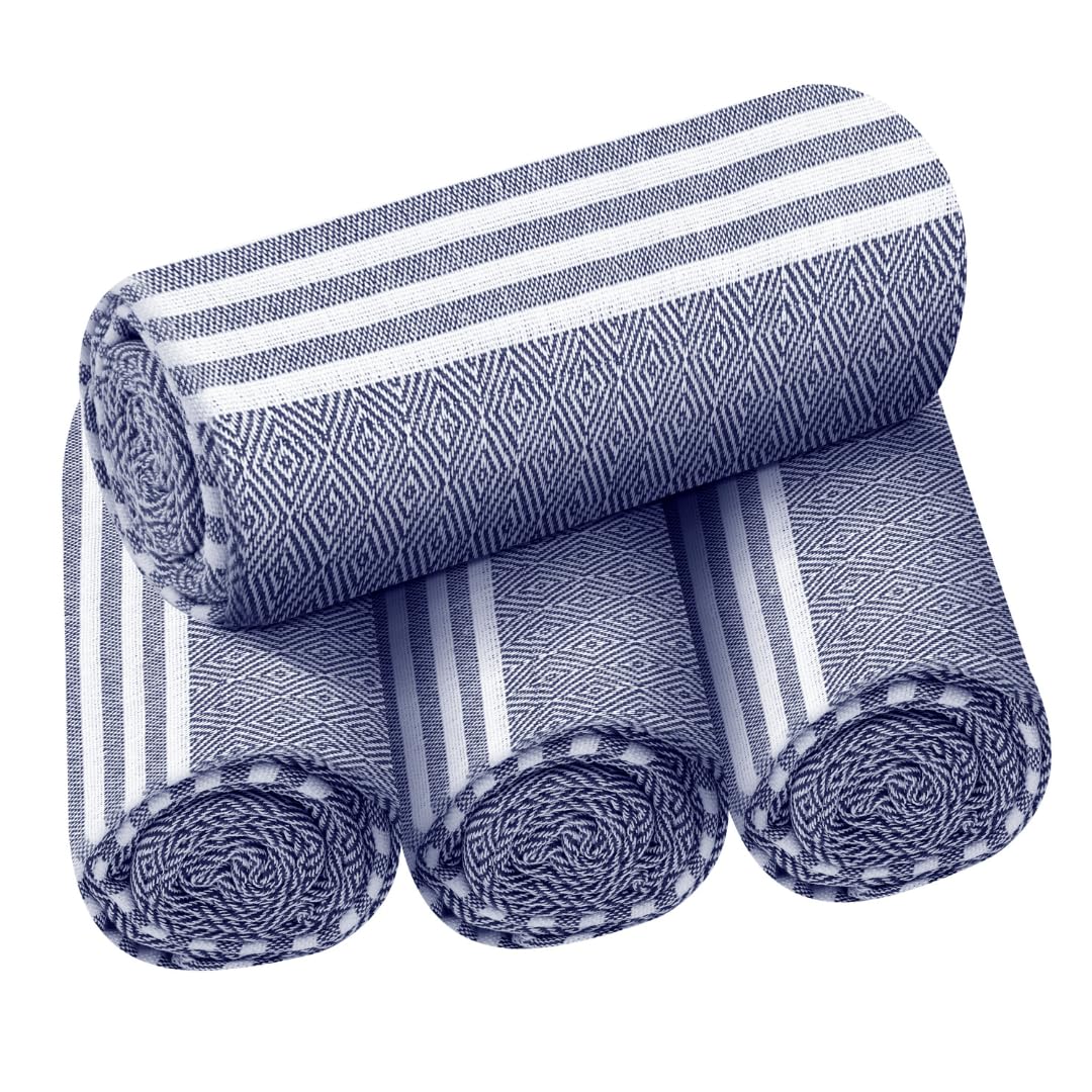 Destin Home Turkish Peshtemal Beach Towels 1.5 Kg | Cotton Soft, Lightweight, Quick-Drying & Absorbent For Beach Pool Spa Picnic Travel (Navy Blue)- Set Of 4