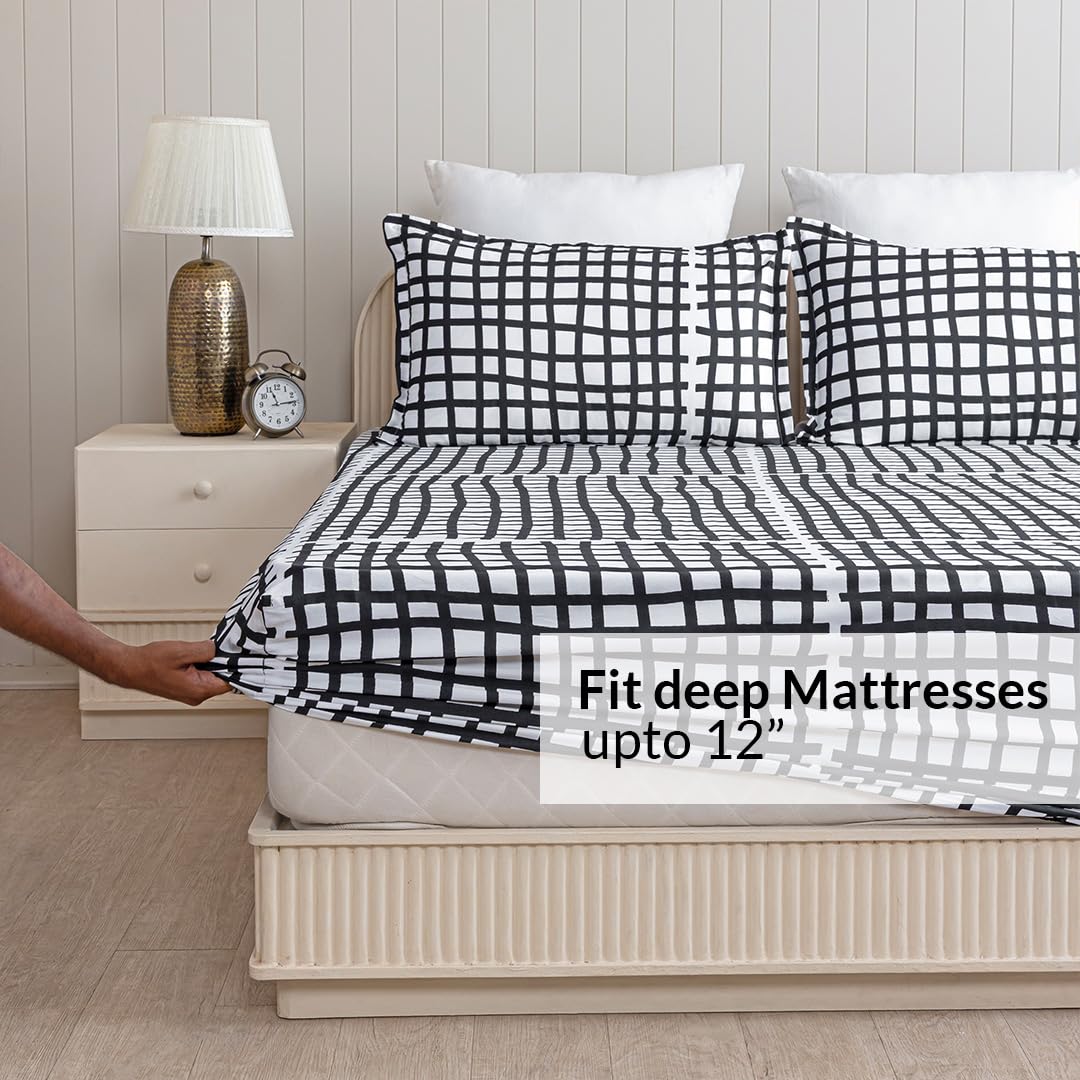 All Around Elastic Bedsheet For King Size Bed With 2 Matching Pillow Covers | 78 X 72 Inches, White & Black | Super Soft & Breathable