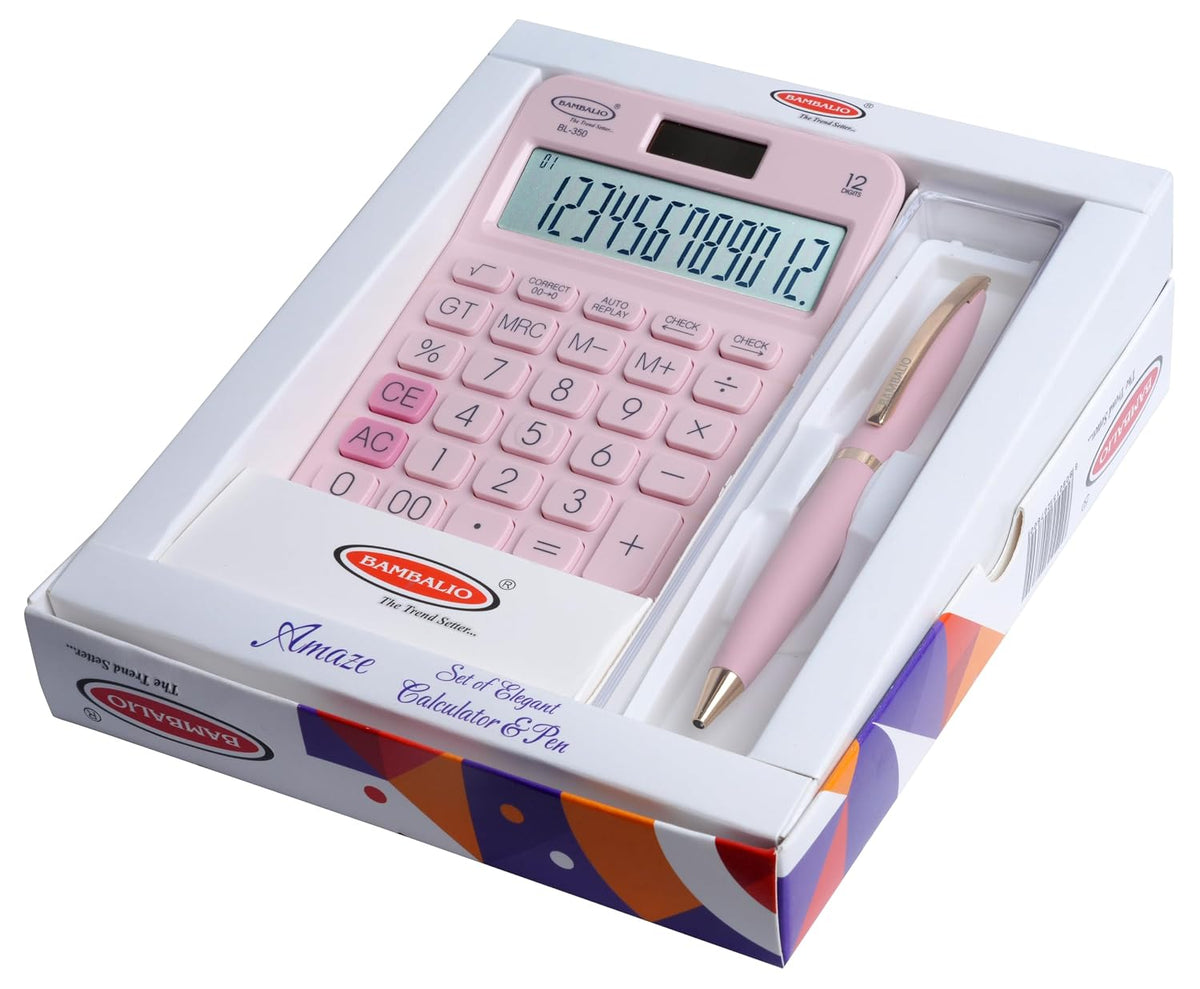 Bambalio Set Of Elegant Calculator & Pen Pink | 12 Digits-large LC Display ,112 Steps Check And Correct | 3 Years Warranty - For Use School, Office, Study, Travel, Daily Use