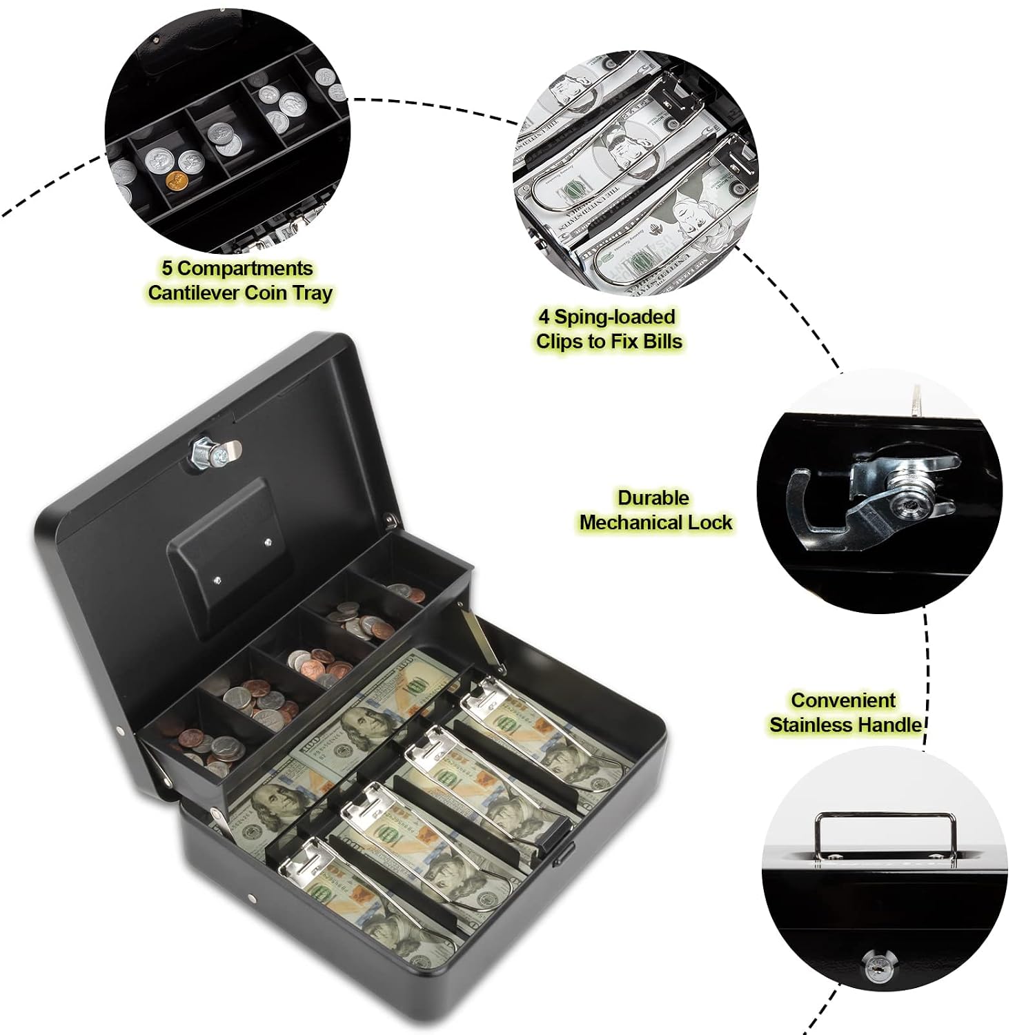 Cash Box With Lock & 2 Keys, Metal Money Box With Cash Tray, Portable Lock Safe Box, 4 Bill, 5 Coin Slots, Large Cash Boxes For Small Business 11.8 X 9.5 X 3.5 Inch, Colour - Top Key Black