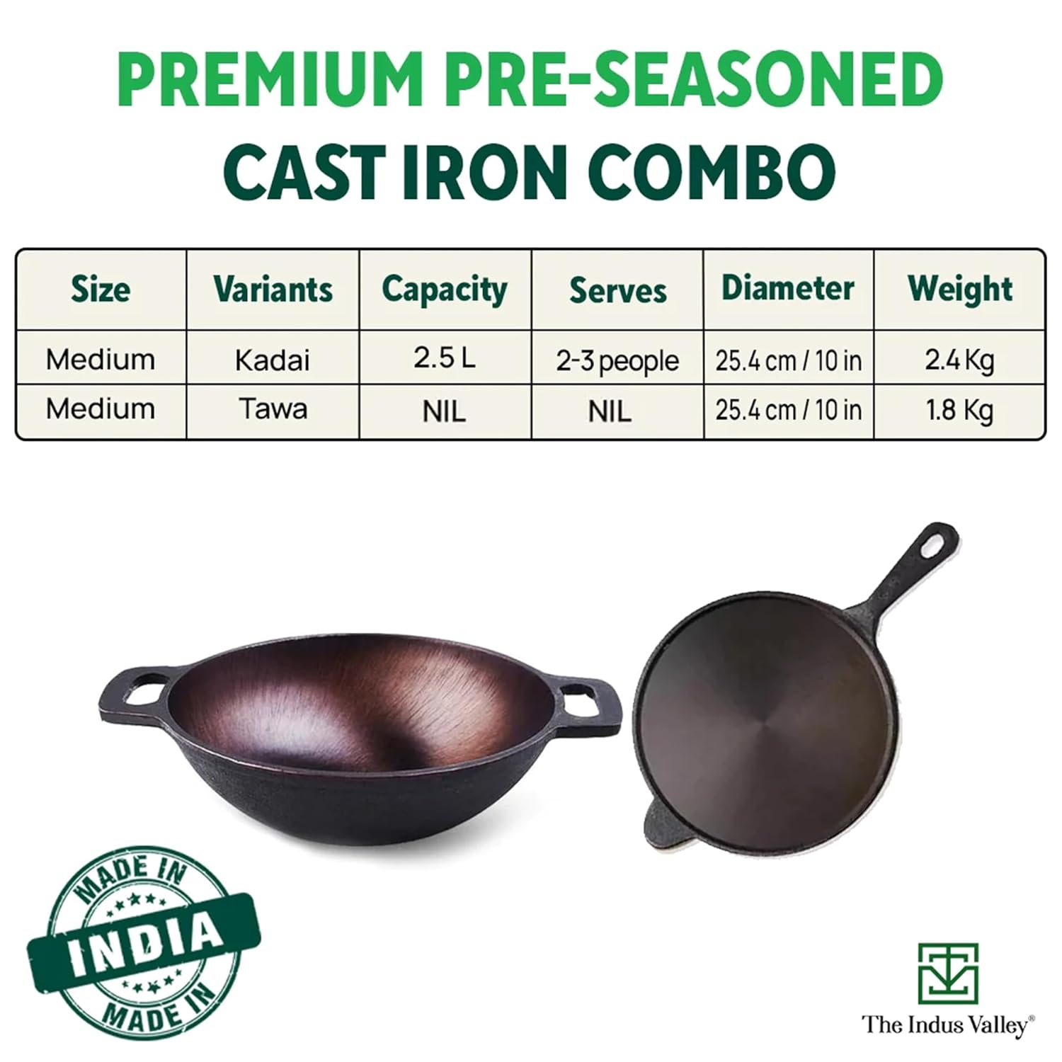 Super Smooth Cast Iron Cookware Set + Free Tadka Pan - Tawa 25.4cm + Kadai 25cm, 2.5 Liters | Kitchen Cooking Combo Pots & Pans Set Of 2 Pcs - Pre-Seasoned, Naturally Nonstick, Black