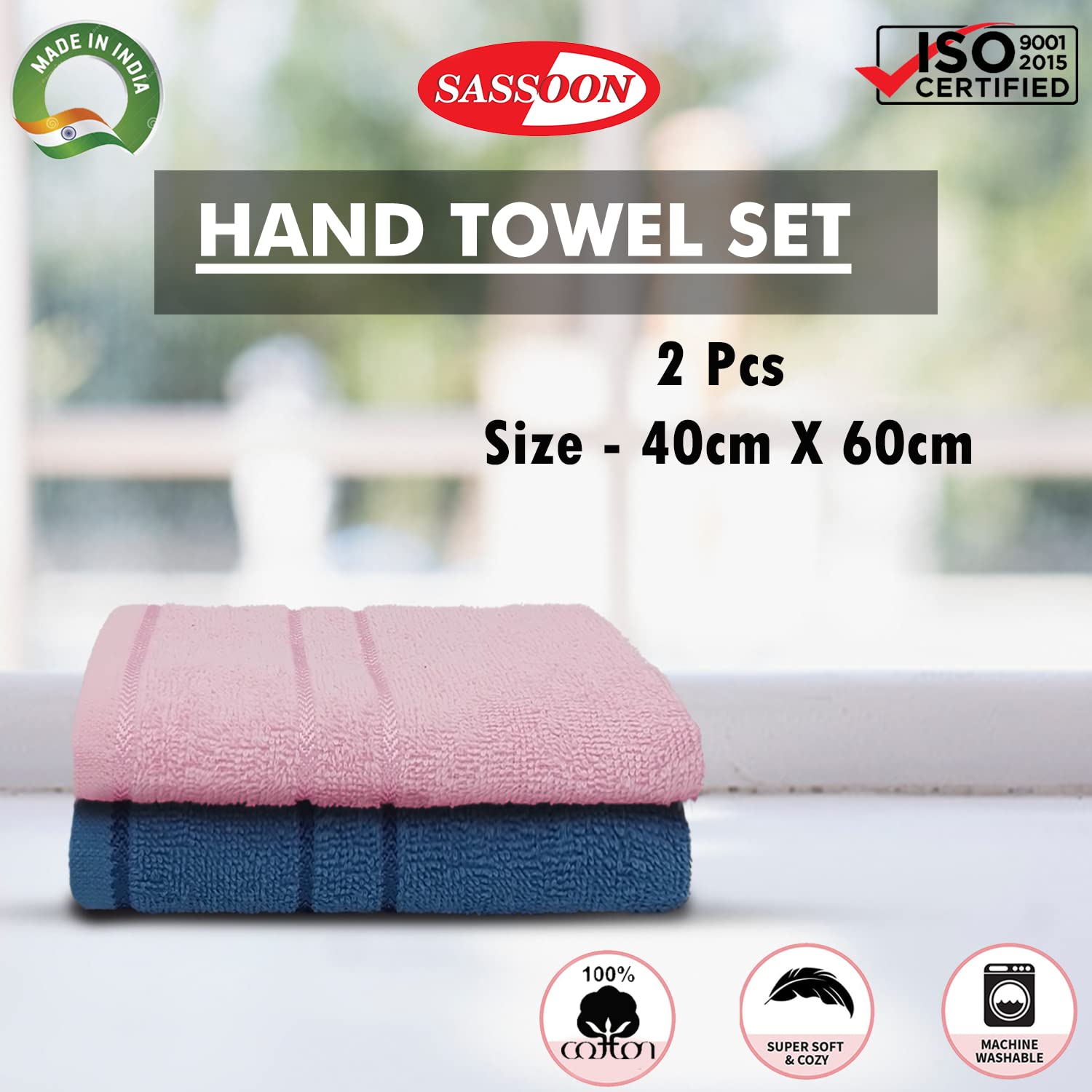 Sassoon Melrose 100% Cotton Hand Towel 400 Gsm | Highly Absorbent, Soft Material Perfect For Daily Use (Teal & Pink) -2 Piece