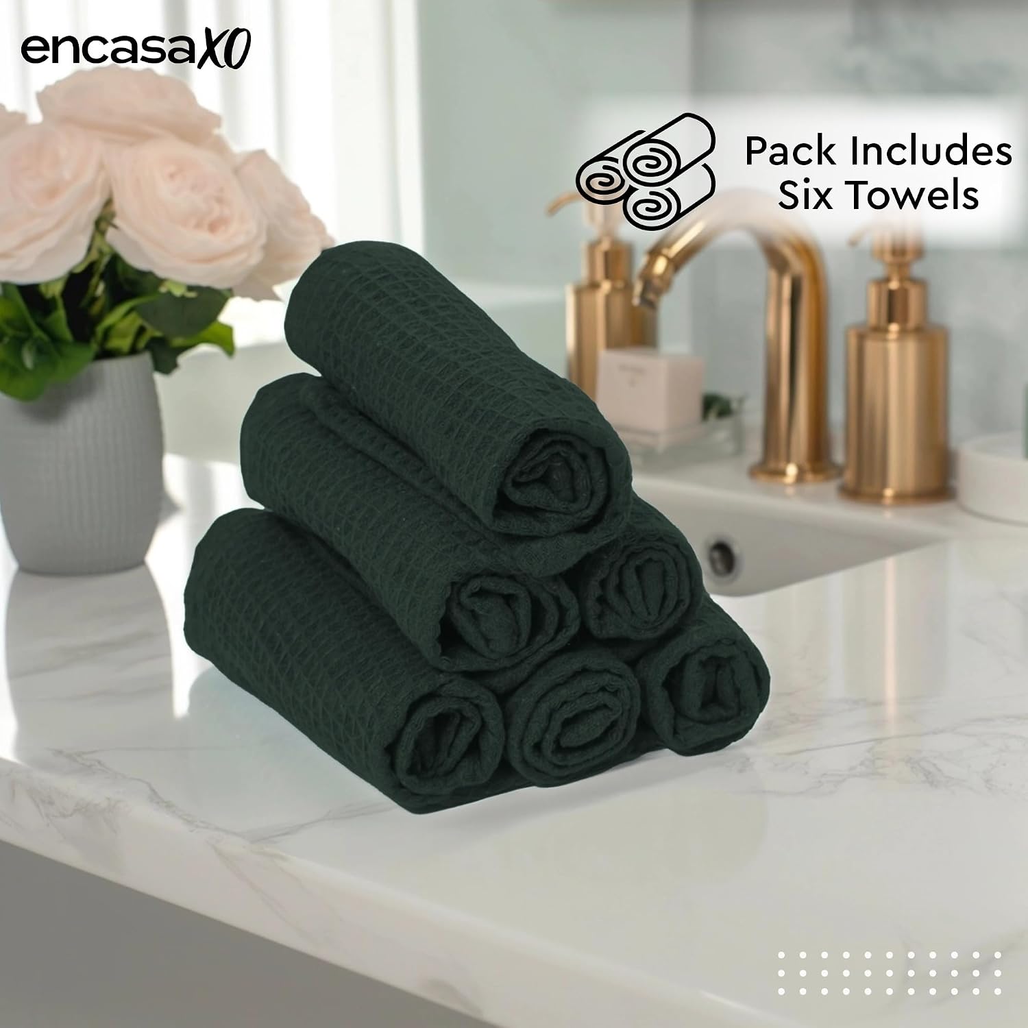 Encasa Xo Kitchen Hand Towels Set 150 Gsm | Waffle Weave & Flat Hand Towel | Quick Drying Reusable Cotton Washcloths | Set Of 6 (Green)