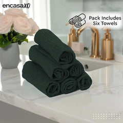 Encasa Xo Kitchen Hand Towels Set 150 Gsm | Waffle Weave & Flat Hand Towel | Quick Drying Reusable Cotton Washcloths | Set Of 6 (Green)