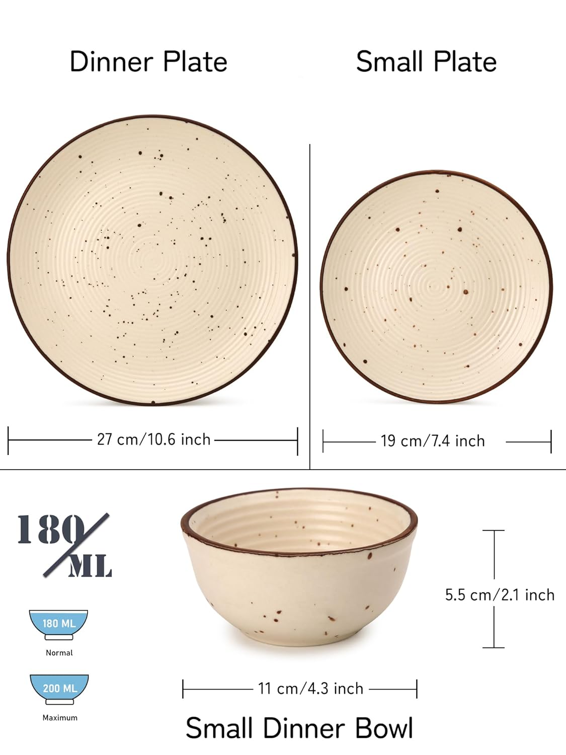 Ceramic Stoneware Dinner Set Of 6 - Beige | 2 Dinner Plates, 10.6 Inch Each+ 2 Small Plates, 7.4 Inch Each + 2 Small Dinner Bowls, 180ml Each | Scratch Resistant, Microwave & Dishwasher Safe