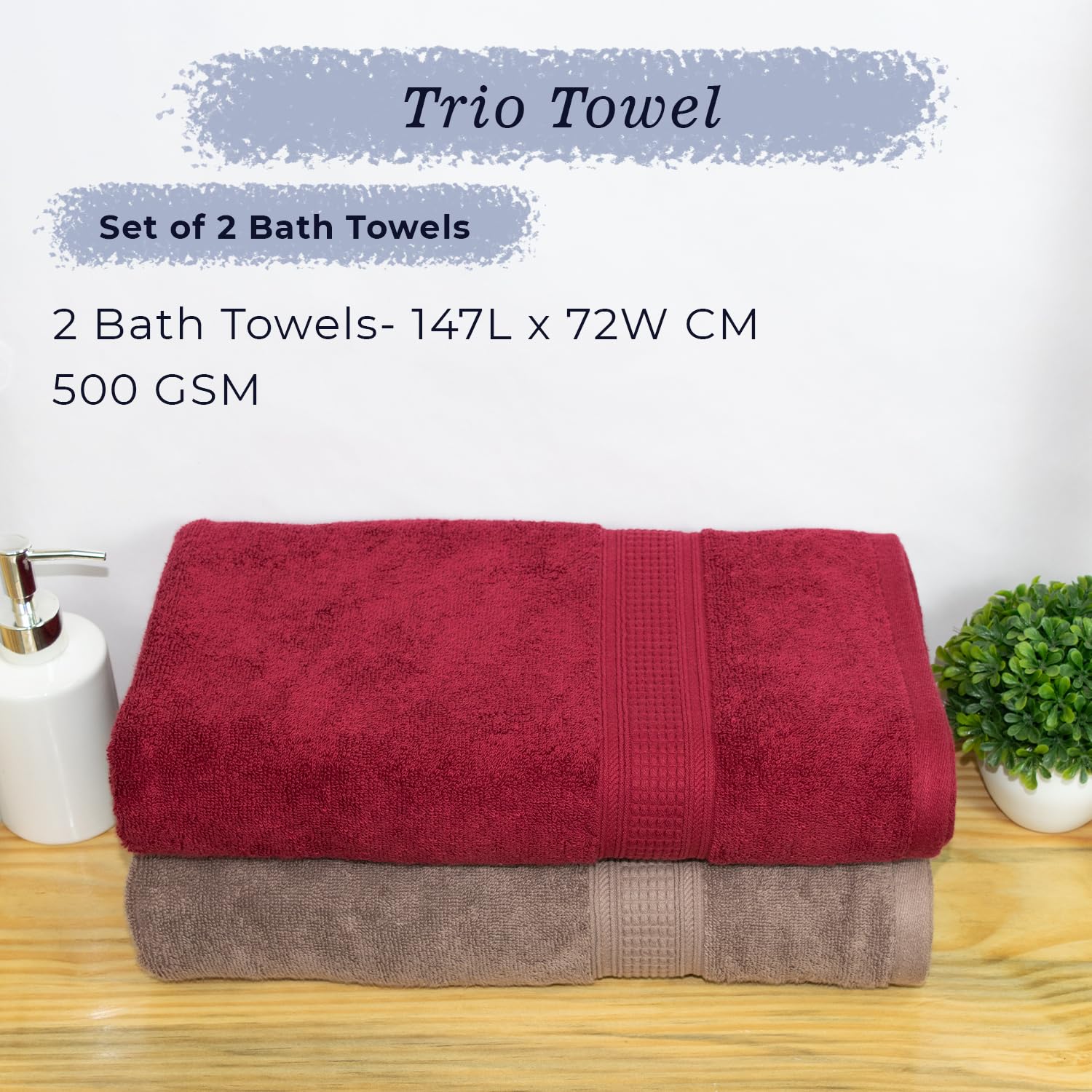 Rangoli 100% Cotton Fibre Bath Towel 1000 Gsm | Highly Durable & Super Absorbent Towel | Skin-Friendly & Quick Drying Luxury Towels (Maroon & Beige) - Pack Of 2