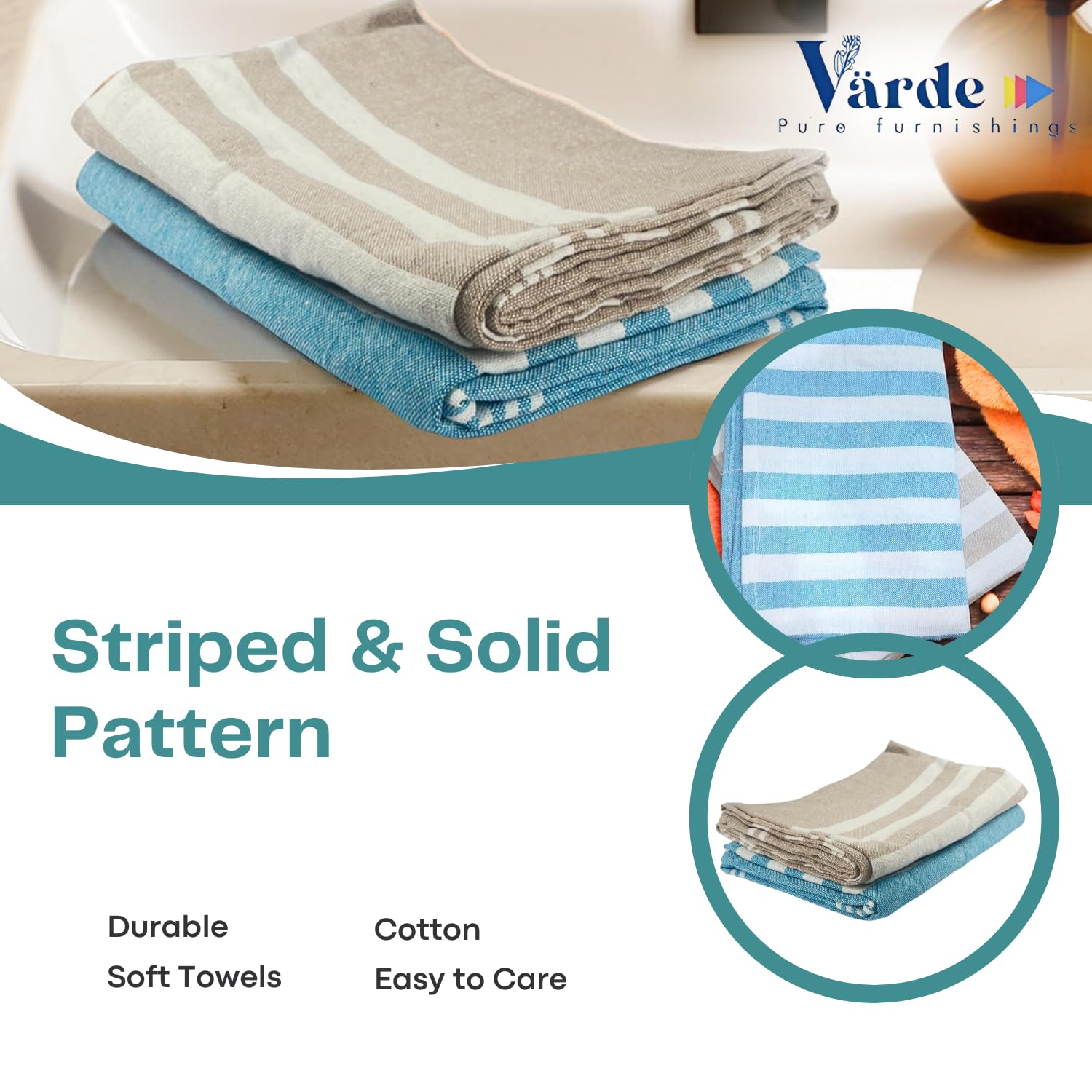 VäRde Premium Handloom Bath Towels 180 Gsm | Towel For Men & Women | Striped & Solid Pattern (Multicolor, Set Of 2)